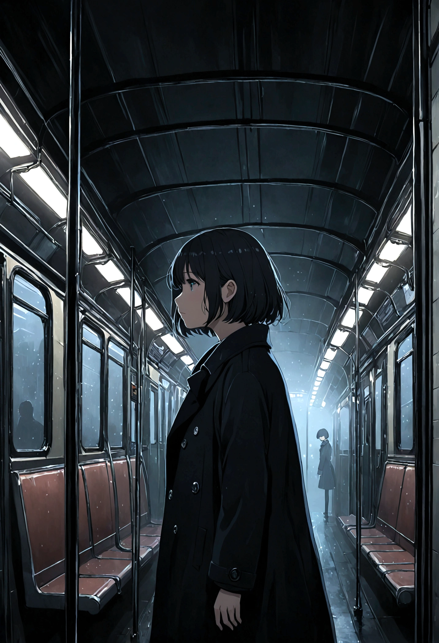 ((masterpiece), Absurd quality, 16K, 1 girl with short hair, Wearing a dark blue coat, She is long, Dimly lit subway. The perspective camera captures the entire vehicle. In the carriage, Innermost, In a dark corner not well lit by the flashing lights, A faceless ghost appears dressed in transparent black clothing, It is translucent, The lighting is so dim that you can barely see anything. The girl in profile is breathing in cold air through her breath. Cold raindrops fall on the foggy window、A dim light shines in from outside。, Brighten up the interior atmosphere..A girl with a calm and thoughtful expression, The faceless man watches silently.Are crying