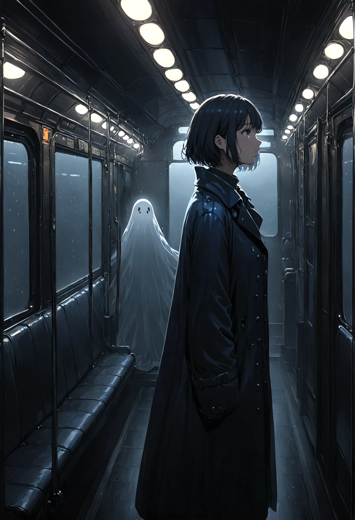 ((masterpiece), Absurd quality, 16K, 1 girl with short hair, Wearing a dark blue coat, She is long, Dimly lit subway. The perspective camera captures the entire vehicle. In the carriage, Innermost, In a dark corner not well lit by the flashing lights, A faceless ghost appears dressed in transparent black clothing, It is translucent, The lighting is so dim that you can barely see anything. The girl in profile is breathing in cold air through her breath. Cold raindrops fall on the foggy window、A dim light shines in from outside。, Brighten up the interior atmosphere..A girl with a calm and thoughtful expression, The faceless man watches silently.Are crying