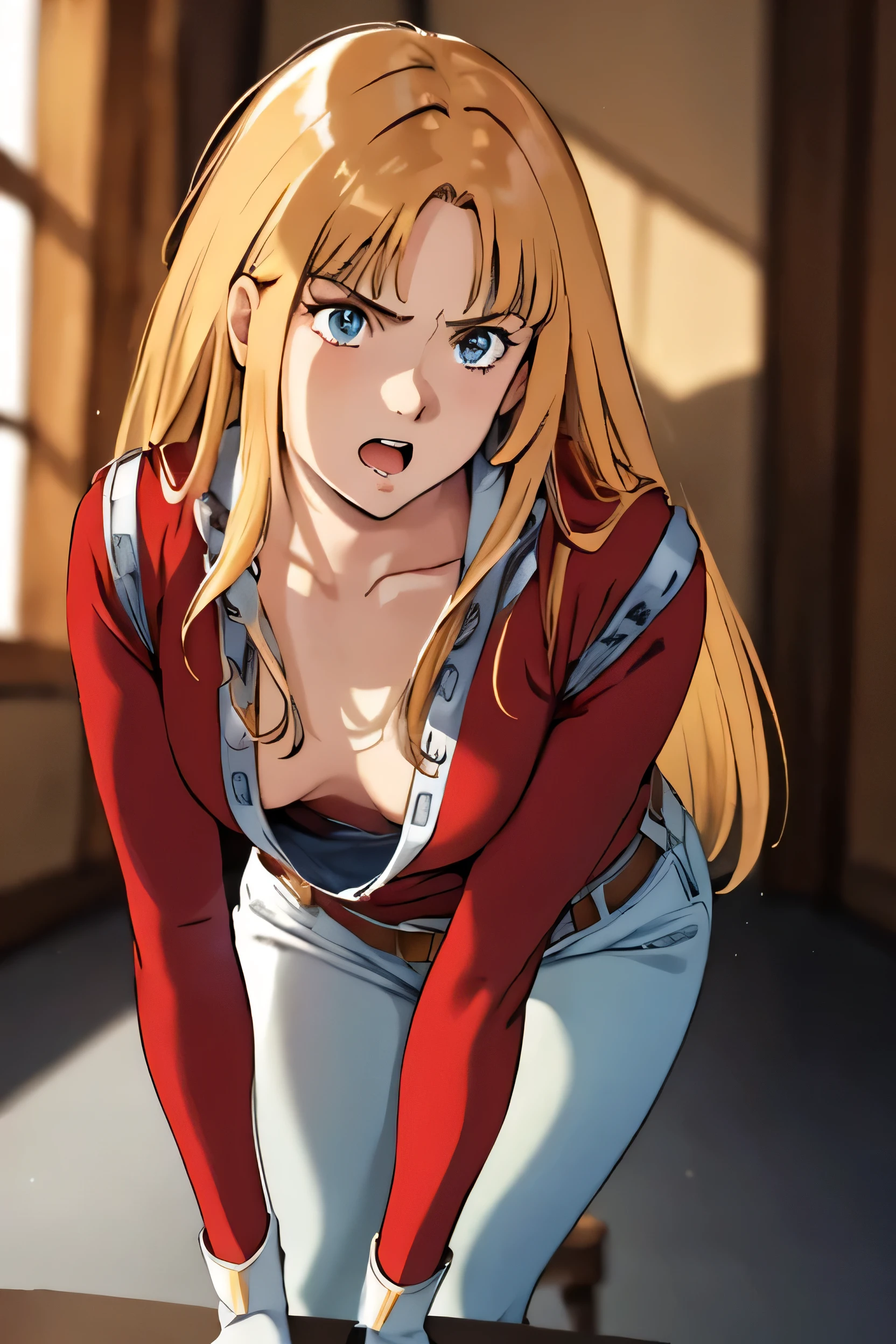 masterpiece, Highest quality, space, One Girl,alone,Cowboy Shot,SF,
 Alfin,Blonde, Long Hair,Highly detailed face, Perfect lighting, Extremely detailed CG, (Perfect hands, Perfect Anatomy),Angry face, Shy expression, Red face, Not wearing underwear, No bra, morning, sunlight, Best Shadow, Best lighting, Leaning forward, Medium Chest, Red long down blouse, 