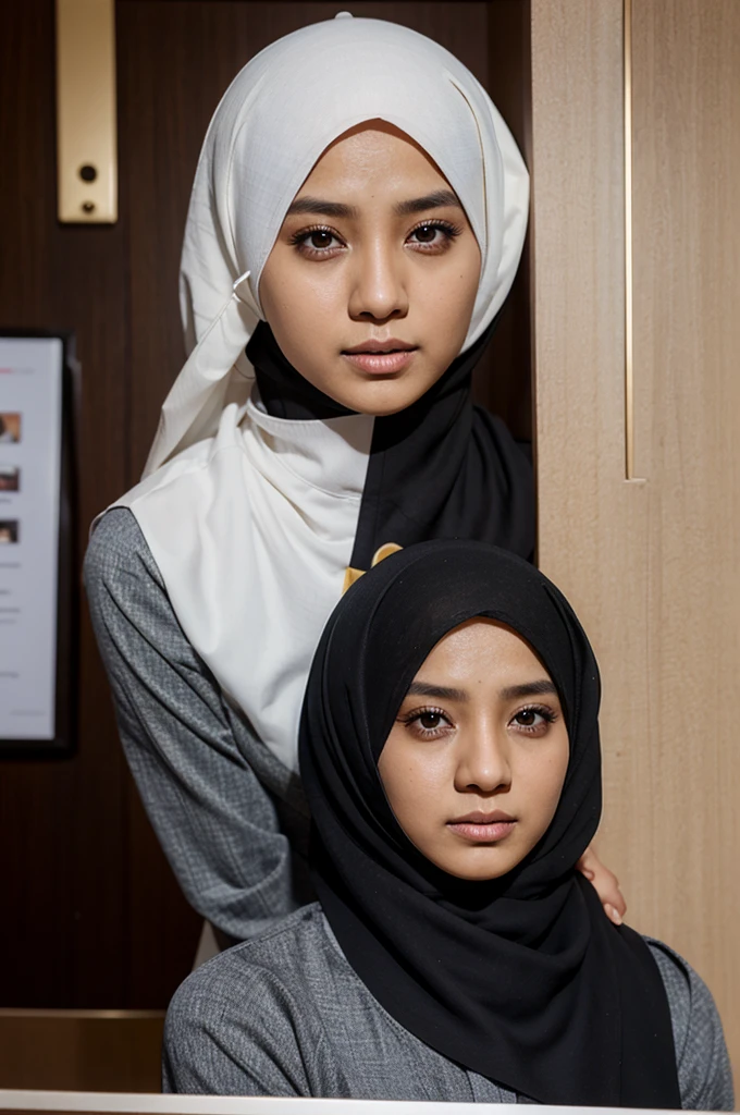 top-quality、hight resolution、ultra-detailliert、masterpiece、Raw photography、realisitic、Photorealsitic:1.5、extremely delicate and beautiful、finely detail、 Beautiful Korean artist face woman in high, (Kissing a beautiful man in a suit)with hijab, slim, Slender, thin and tall body, white skin, with pastel pashmina hijab, wearing long floral gamis, horny face )、(Embracing, hug and kissing from behind a beautiful man in a suit)、sleep in the mat in front of blackboard Class. (In an empty classroom)、(A detailed face, wet, Soak, sweating)