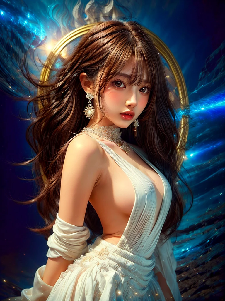 4K Ultra HD, masterpiece, A girl with a magical aura, Nice face, Long Hair, Shiny Hair, Fine grain, Glossy lips, 1.5, Aura around the body, Magical Effects, Spreading white light, Cosmic elements and ethereal atmosphere, A mix of bright lights and colorful nebulae, Space Background,, Full Body Capture.Whitening、((Brown Hair))、(((Wearing white cloth 1.5)))、Fluttering hair and fabric、hair ornaments、necklace、Big earrings、、