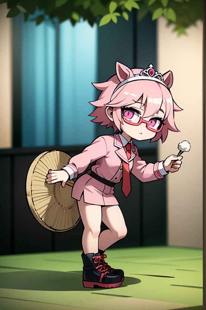 1 person , man ,Short haircut ,cartoon girl with pink hair and glasses wearing a crown, ((pink)), Official fan art, The delicate androgynous prince, anime moe art style, cute art style, Chibi style, 🍁 cute, Kawaii Chibi, ❤🔥🍄🌪, Chibi Art, Fan Art Demon Slayer Rui, cute character, Maple character art, High quality fan art