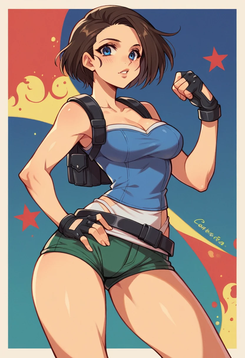 (Obra de arte, Mejor calidad:1.2), jill valentine, 1 chica, pose lateral, ella tiene su cuerpo de lado, de lado para o espectador, fingerless guantes, guantes, ojos azules, pelo corto, by the chestnut, solo, funda, piernas abiertas, senos, pantalones, regata, belt, large senos, black guantes, mirando hacia el lado, shoulder funda, coderas, thigh funda, parted Labios, Labios, blue regata, camisa azul, contrastado, borroso, vaqueros, clavicle, REDESIGN, sin mangas, Jill Valentim,