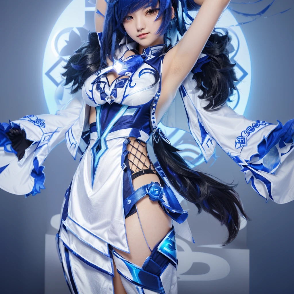 um close de uma pessoa com um vestido azul segurando uma espada, impacto de ayaka genshin, mago de cabelo preto, Xianxia de corpo inteiro, keqing do impacto genshin, impacto genshin do jogo ayaka, Inspirado em Leng Mei, retrato completo do elementalista, do videogame azur lane, genshin, Lindo mago celestial