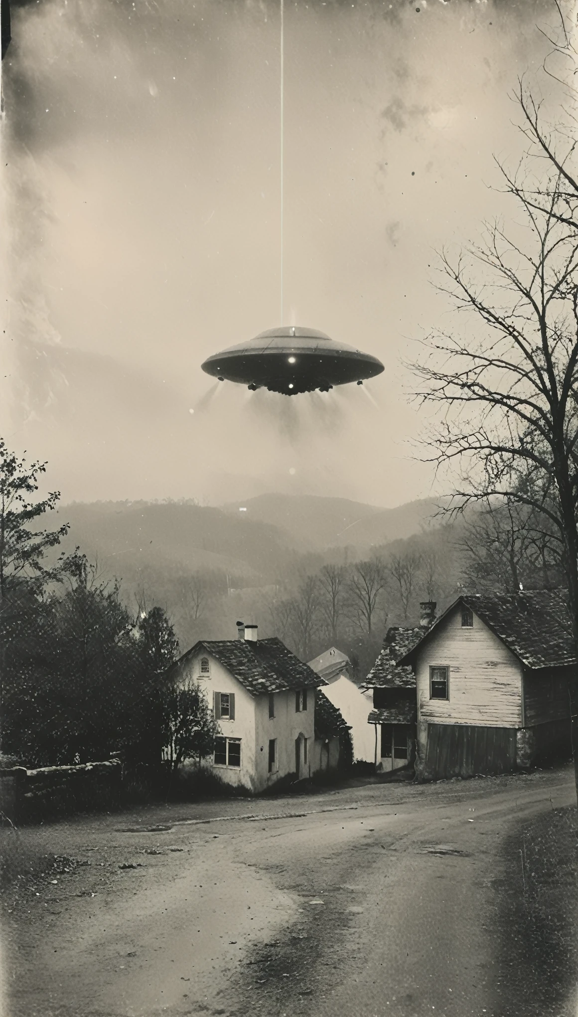 foto antiga, 35mm, black and white photo of a UFO hovering over a small town located in the Blue Ridge Mountains of Virginia in 1932