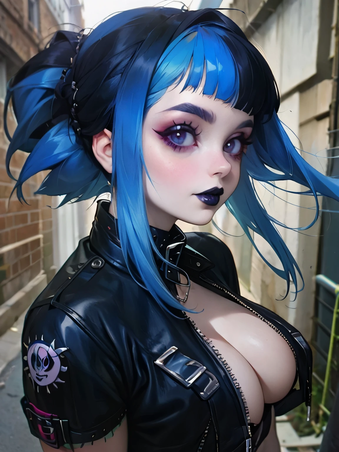  ((best quality)),((masterpiece)),((strikingly beautiful)), goth, excited, pale skin, smoky eyes, vivid colors, punk clothing, rock hairstyle, blue hair, black lips, abandoned street, body view, microbangs, huge breasts