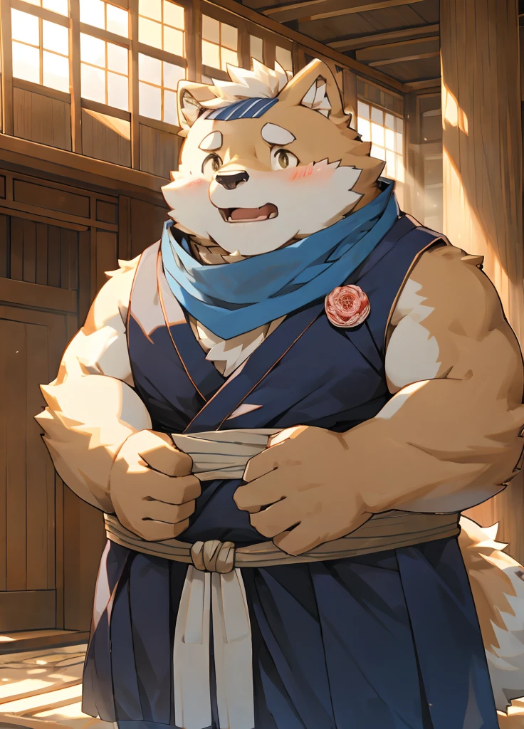 (masterpiece),(Very detailed),(best quality),hairy,Shiba Inu,fur,white hair,Gray pupil,Chubby,(Poor),(Japan samurai attire),((blue scarf)),((Brown headband)),(blush:1.1),((shy)),紧张shy的表情,Temple Background,8K,(high quality),(Ultra high quality),(Super detailed),(Best Works)