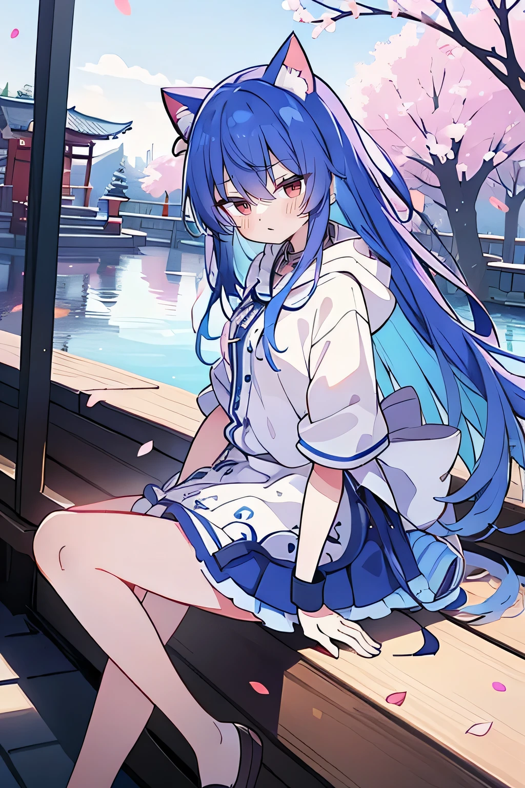 (masterpiece:1.2),Super detailed,lifelike,Expressive eyes,fair skin,perfect face shape,1 girl,
Japanese comics,Gorgeous blue hair,flowing blue hair,flowing clothes,Cat ears,Petals fall,beautiful lola,Baby Angel,
Shaking head with one hand,Cross your legs,Gentle and peaceful background,The pavilion is cool and comfortable,smile, wearing hoodie, background of tokyo,back views,snowing, winter.
