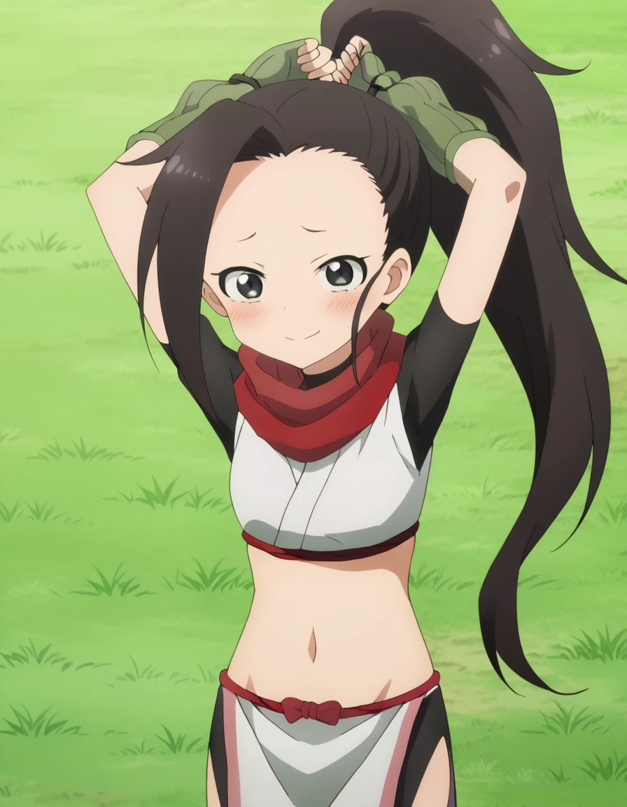  anime coloring, anime screencap, source_anime, anime,uncensored ,BREAK1girl,kunotsubaki, black eyes, black hair, long hair, asymmetrical bangs, forehead, high ponytail, ponytail,shirt, navel, red scarf, scarf short sleeves, pelvic curtain, shorts, green gloves, arm warmers, fingerless gloves,  BREAK, high quality, solo, lying, on back, arms up, spread arms, closed mouth, on grass, (cowboy shot:1.5), looking at viewer, nervous, smile, best quality, blushing,