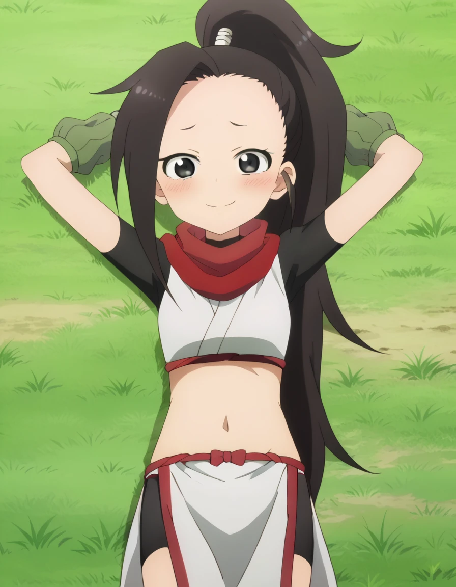  anime coloring, anime screencap, source_anime, anime,uncensored ,BREAK1girl,kunotsubaki, black eyes, black hair, long hair, asymmetrical bangs, forehead, high ponytail, ponytail,shirt, navel, red scarf, scarf short sleeves, pelvic curtain, shorts, green gloves, arm warmers, fingerless gloves,  BREAK, high quality, solo, lying, on back, arms up, spread arms, closed mouth, on grass, (cowboy shot:1.5), looking at viewer, nervous, smile, best quality, blushing,