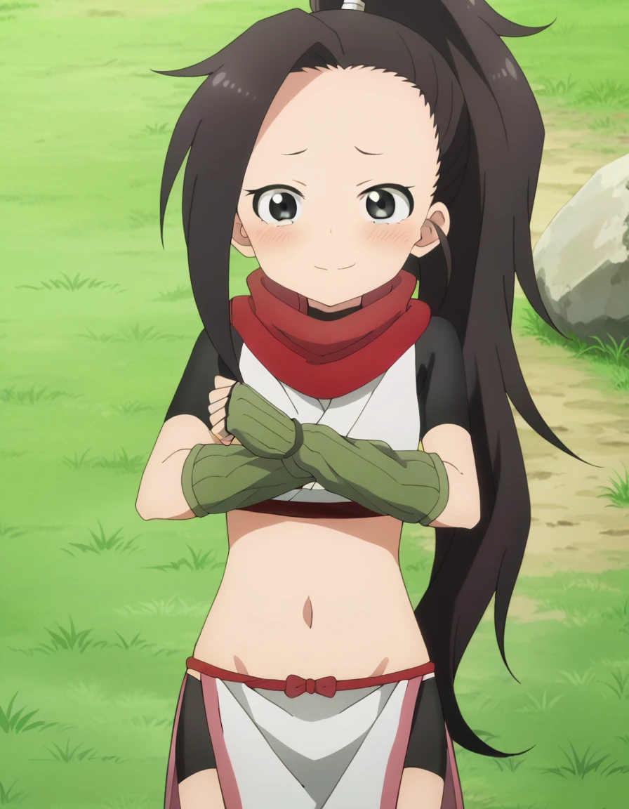  anime coloring, anime screencap, source_anime, anime,uncensored ,BREAK1girl,kunotsubaki, black eyes, black hair, long hair, asymmetrical bangs, forehead, high ponytail, ponytail,shirt, navel, red scarf, scarf short sleeves, pelvic curtain, shorts, green gloves, arm warmers, fingerless gloves,  BREAK, high quality, solo, lying, on back, arms up, spread arms, closed mouth, on grass, (cowboy shot:1.5), looking at viewer, nervous, smile, best quality, blushing,