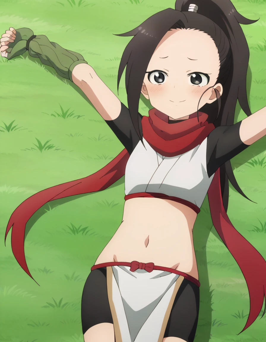  anime coloring, anime screencap, source_anime, anime,uncensored ,BREAK1girl,kunotsubaki, black eyes, black hair, long hair, asymmetrical bangs, forehead, high ponytail, ponytail,shirt, navel, red scarf, scarf short sleeves, pelvic curtain, shorts, green gloves, arm warmers, fingerless gloves,  BREAK, high quality, solo, lying, on back, arms up, spread arms, closed mouth, on grass, (cowboy shot:1.5), looking at viewer, nervous, smile, best quality, blushing,