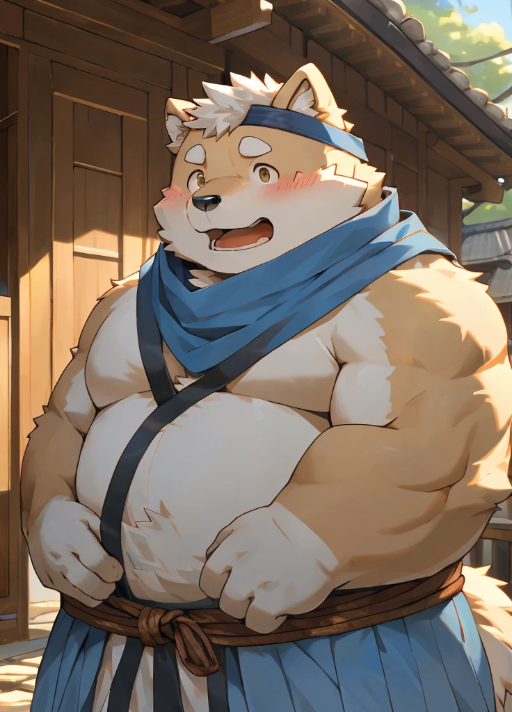 (masterpiece)，(Very detailed)，(best quality)，hairy，Shiba Inu，fur，white hair，Gray pupil，Chubby，(Poor)，(Japan samurai attire)，((blue scarf))，((Brown headband))，(blush:1.1)，((shy))，紧张shy的表情，Temple Background，8K，(high quality)，(Ultra high quality)，(Super detailed)，(Best Works)