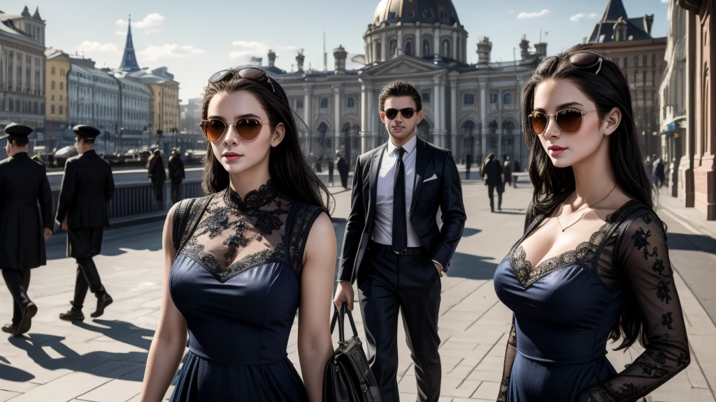 masterpiece, best quality, extremely detailed, hyperrealistic:1.1, photorealistic, a beautiful 20s russian model, ultra detailed face:1.1, sunglasses on head:1.1, navy dress, black hair, train station, half smile, walking