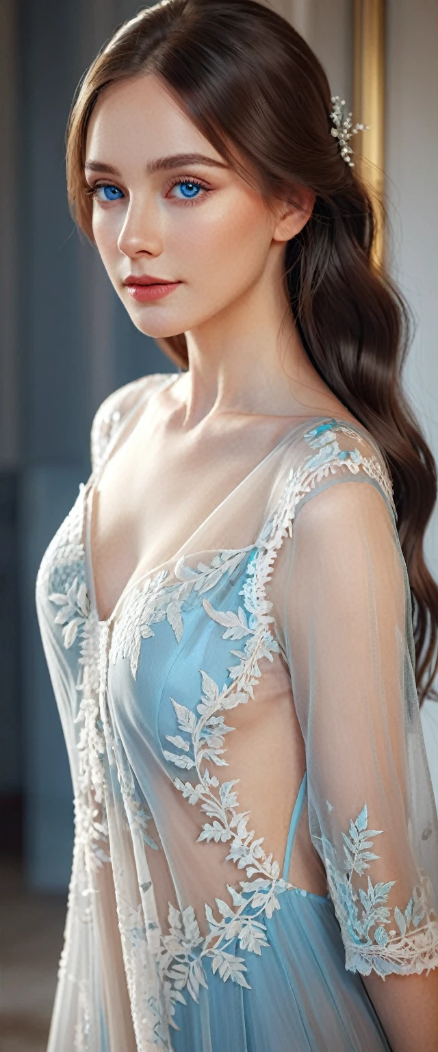 A beautiful woman with captivating blue eyes, long lashes, and flowing hair, posing elegantly in a sheer, lace backless dress, exuding a seductive and feminine charm, in a high-quality, realistic 8K CG rendering with a shallow depth of field.