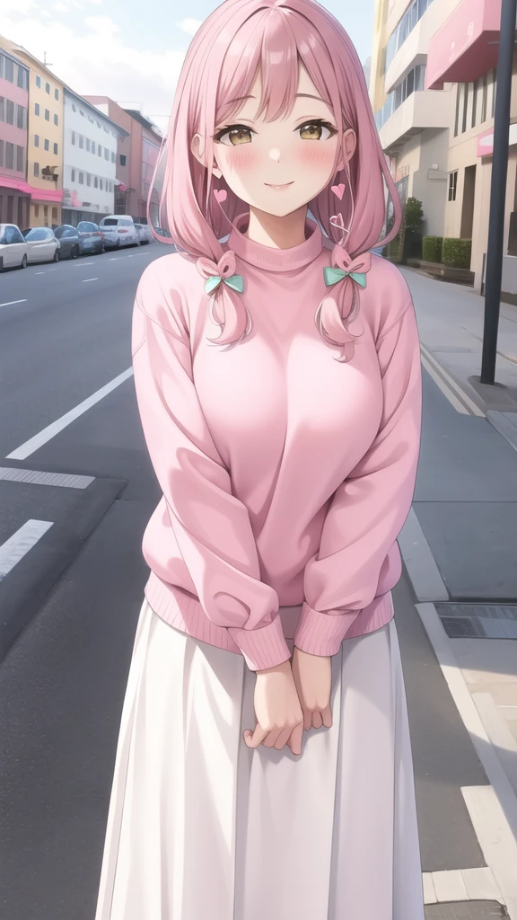 (masterpiece, best quality), outdoors, street, white long skirt, pink sweater, hearts, blush, smile, upper body, standing, fw.ayaka