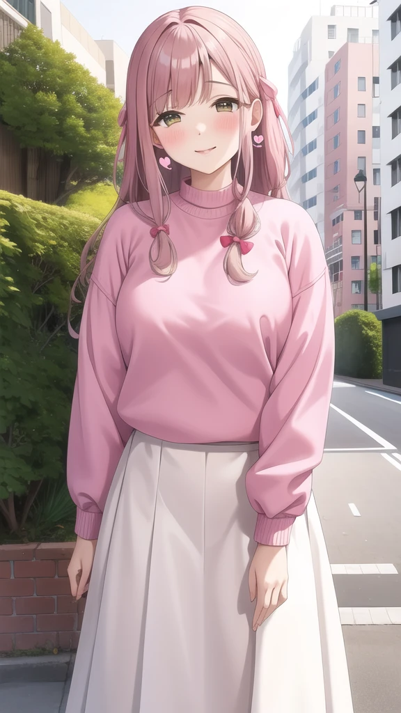 (masterpiece, best quality), outdoors, street, white long skirt, pink sweater, hearts, blush, smile, upper body, standing, fw.ayaka