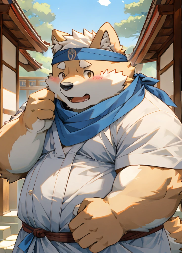 (masterpiece),(Very detailed),(best quality),hairy,Shiba Inu,fur,white hair,Gray pupil,Chubby,(Poor),(Japan samurai attire),((blue scarf)),((Brown headband)),(blush:1.1),((shy)),紧张shy的表情,Temple Background,8K,(high quality),(Ultra high quality),(Super detailed),(Best Works)