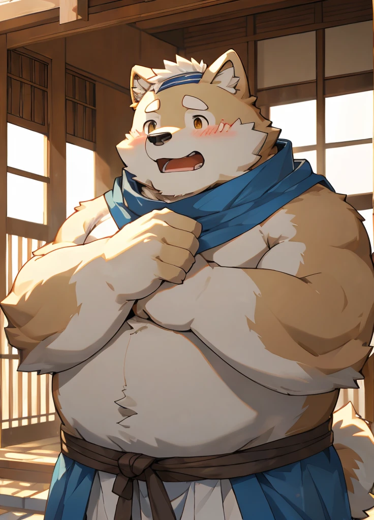 (masterpiece),(Very detailed),(best quality),hairy,Shiba Inu,fur,white hair,Gray pupil,Chubby,(Poor),(Japan samurai attire),((blue scarf)),((Brown headband)),(blush:1.1),((shy)),紧张shy的表情,Temple Background,8K,(high quality),(Ultra high quality),(Super detailed),(Best Works)