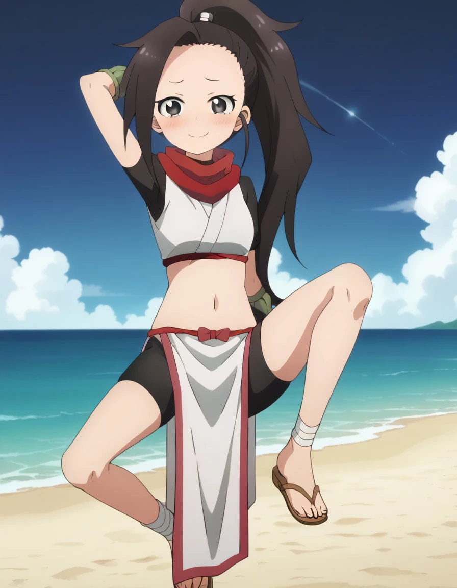  anime coloring, anime screencap, source_anime, anime,uncensored ,BREAK1girl,kunotsubaki, black eyes, black hair, long hair, asymmetrical bangs, forehead, high ponytail, ponytail,shirt, navel, red scarf, scarf short sleeves, pelvic curtain, shorts, green gloves, arm warmers, fingerless gloves, sandals, BREAK,  high quality, solo, 1girl, night sky, beach, arms behind head, contrapposto, closed mouth, spread armpits, (cowboy shot:1.5), looking at viewer, nervous, smile, best quality, blushing, spread legs,