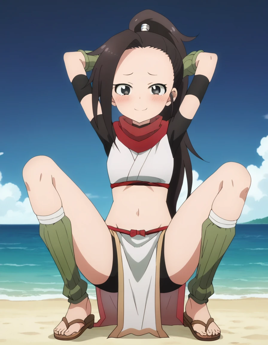 anime coloring, anime screencap, source_anime, anime,uncensored ,BREAK1girl,kunotsubaki, black eyes, black hair, long hair, asymmetrical bangs, forehead, high ponytail, ponytail,shirt, navel, red scarf, scarf short sleeves, pelvic curtain, shorts, green gloves, arm warmers, fingerless gloves, sandals, BREAK, high quality, solo, 1girl, night sky, beach, arms behind head, contrapposto, closed mouth, spread armpits, (cowboy shot:1.5), looking at viewer, nervous, smile, best quality, blushing, spread legs,