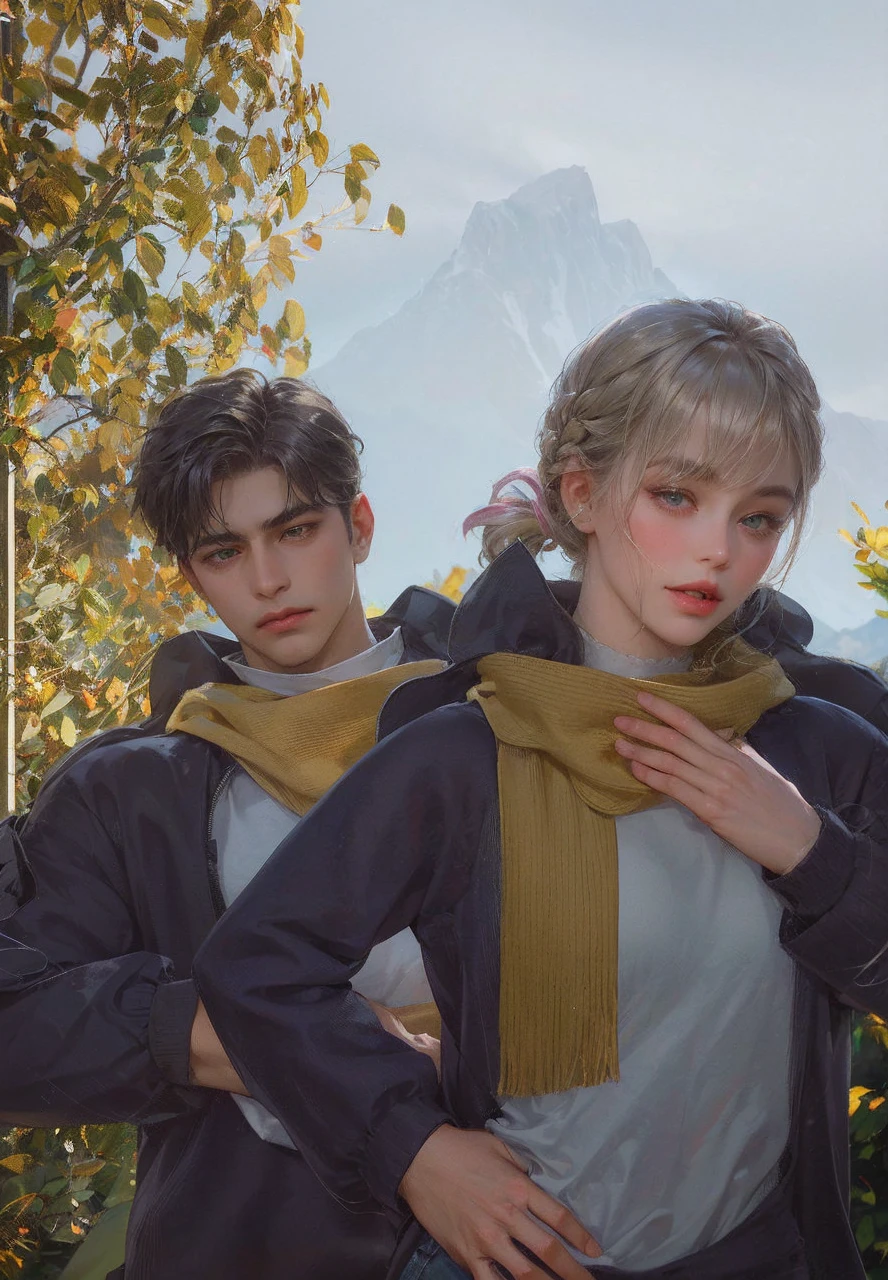 Couple, 1 girl 1 boy, different hair color, long blonde wavy hair no bangs and grey eyes, pink sundress, short black hair and (green eyes). Black shirt open and jeans, height different, detailed eyes, looking the viewer. They hug. Background mountain chalet at night