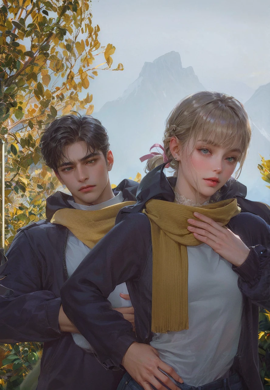 Couple, 1 girl 1 boy, different hair color, long blonde wavy hair no bangs and grey eyes, pink sundress, short black hair and (green eyes). Black shirt open and jeans, height different, detailed eyes, looking the viewer. They hug. Background mountain chalet at night