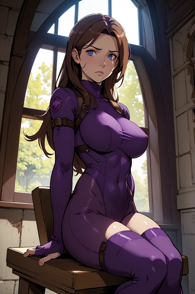 masterpiece, best quality, claire, claire redfield, resident evil, 1girl, solo, brown hair, (((purple clothes))),wearing a bodysuit))), transparent thighhighs, sitting, on a prision chair, warm lighting, relaxed face expression, looking to the side, gigantic breasts, breast focus, boob window, bare breasts, arms at side, arms behind back, Detailed face, Detailed blue eyes, Detailed face, blue eyes, perfect eyes, perfect face, nude, abandoned manor background