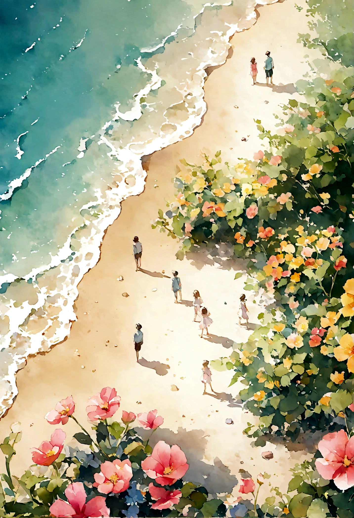Brightly colored flowers, beach, some figures, gentle sunlight, long, peaceful watercolor landscape that seems to draw you in, 8k image