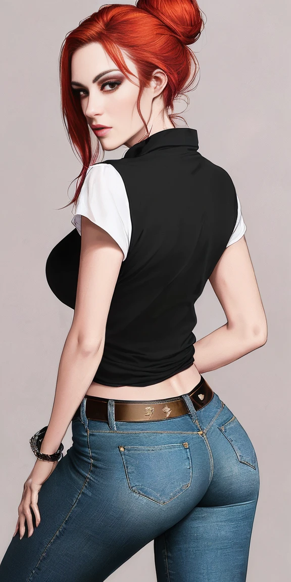 ((obra maestra, mejor calidad, ultra detallado, Ultra HD, Fotorrealista, cinematographic)), (close-up rear camera shot:1.2), (sensual pose), (Mujer seductora y voluptuosa parecida a Vilma de los picapiedras, red hair with high bun and long fringes wears a tight blouse, cinturon color negro ajustado a la cintura, skinny jeans, piernas gruesas, (((gran culo))) medias de color amarilla, zapatillas tipo Nike color blancos