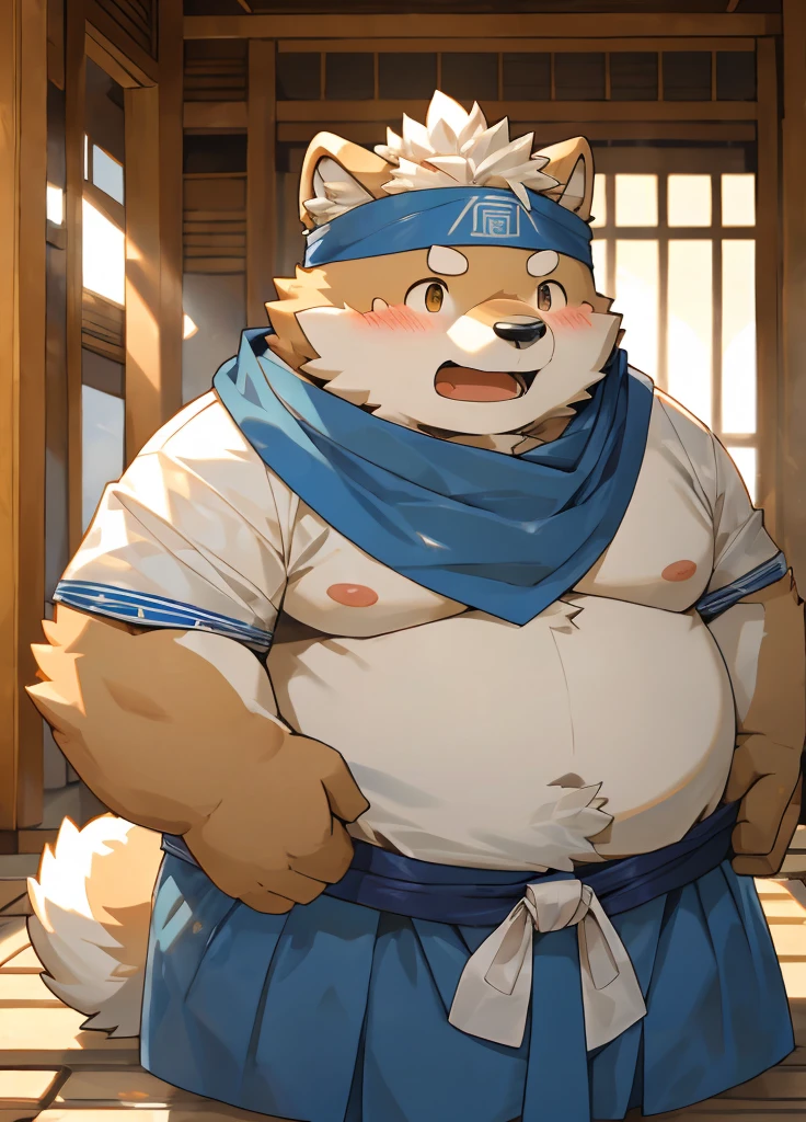 (masterpiece)，(Very detailed)，(best quality)，hairy，Shiba Inu，fur，white hair，Gray pupil，Chubby，(Poor)，(Japan samurai attire)，((blue scarf))，((Brown headband))，(blush:1.1)，((shy))，紧张shy的表情，Temple Background，8K，(high quality)，(Ultra high quality)，(Super detailed)，(Best Works)