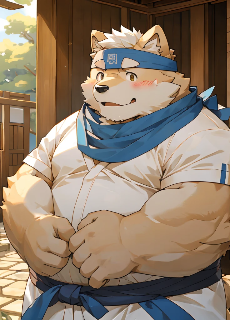 (masterpiece)，(Very detailed)，(best quality)，hairy，Shiba Inu，fur，white hair，Gray pupil，Chubby，(Poor)，(Japan samurai attire)，((blue scarf))，((Brown headband))，(blush:1.1)，((shy))，紧张shy的表情，Temple Background，8K，(high quality)，(Ultra high quality)，(Super detailed)，(Best Works)