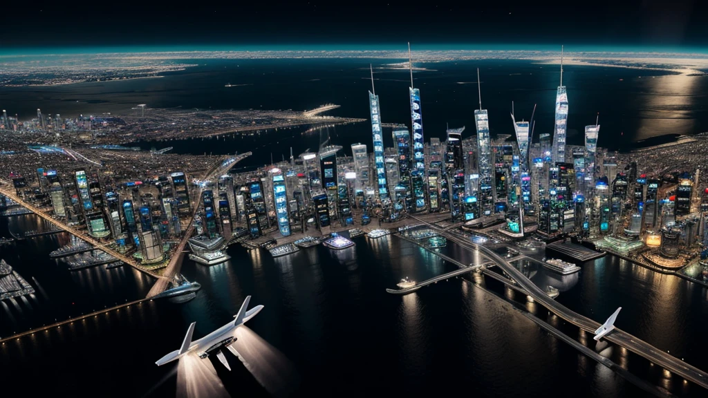 Night view from the plane,futuristic city:1.3,port,Flying spaceship,Skyscraper,masterpiece,best quality,Ultra-high resolution,(Very detailed:1.2),8K,Reality,best aesthetics,beautiful,Reduce the repetition of high-rise buildings and reduce the repetition of low-rise houses