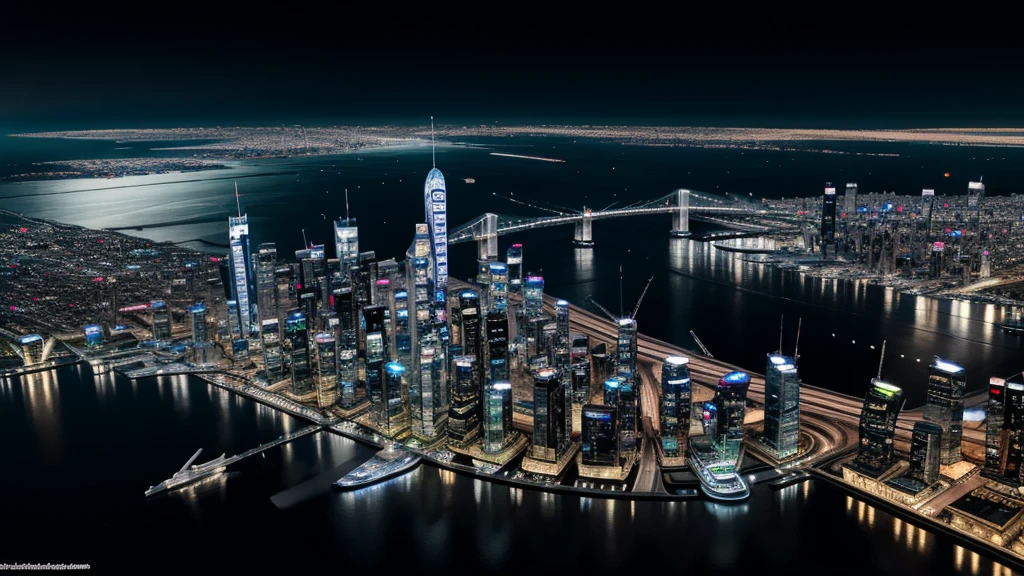 Night view from the plane,futuristic city:1.3,port,Flying spaceship,Skyscraper,masterpiece,best quality,Ultra-high resolution,(Very detailed:1.2),8K,Reality,best aesthetics,beautiful,Reduce the repetition of high-rise buildings and reduce the repetition of low-rise houses