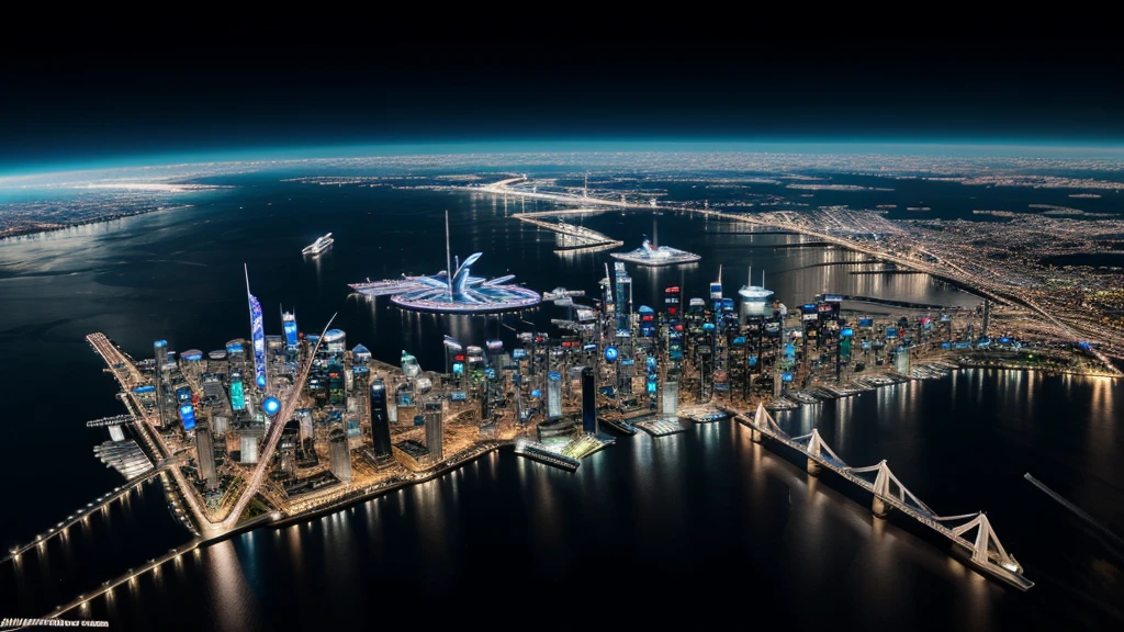 Night view from the plane,futuristic city:1.3,port,Flying spaceship,Skyscraper,masterpiece,best quality,Ultra-high resolution,(Very detailed:1.2),8K,Reality,best aesthetics,beautiful,Reduce the repetition of high-rise buildings and reduce the repetition of low-rise houses