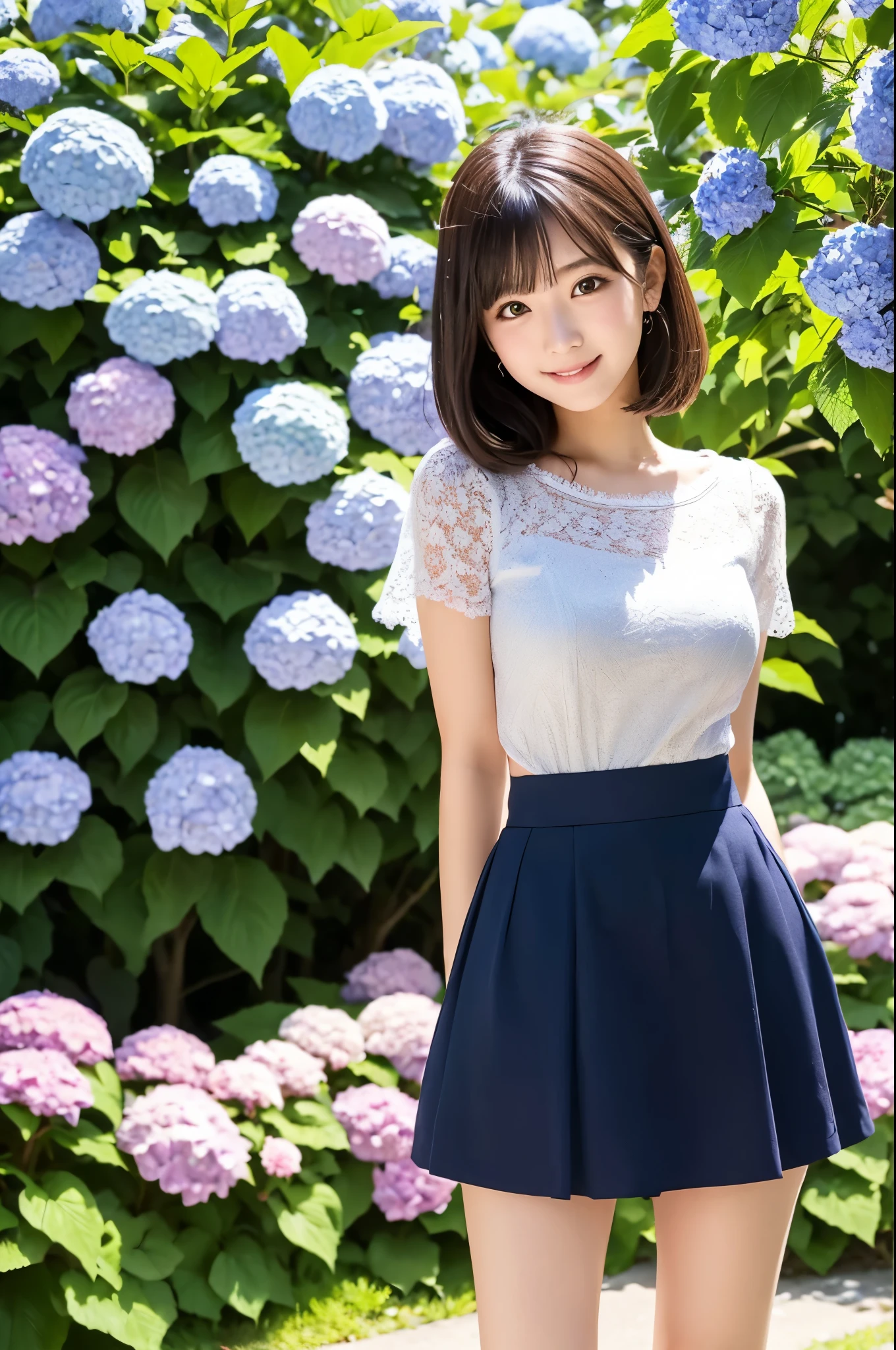 A cute 20-year-old girl in a park with hydrangeas in bloom(mini skirt