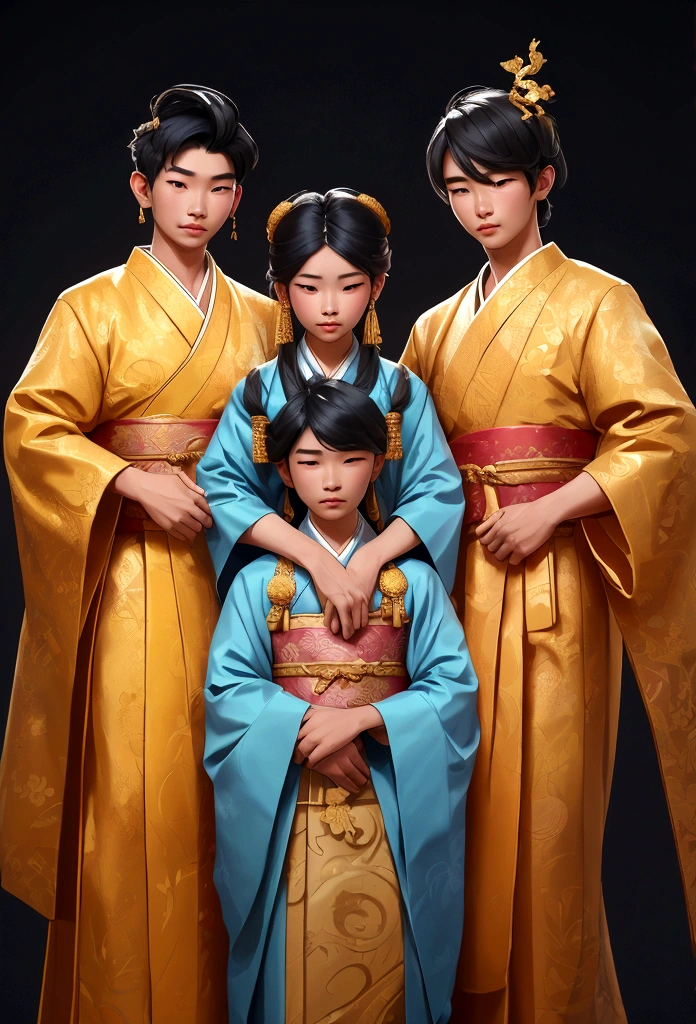 Three Asian men in traditional clothing pose for a photo, Hanfu, wearing ancient Joseon clothes, Joseon traditional clothing, Robes with golden letters, Inspired by Emperor Xuande, brocade gown, classic robe, wearing golden robes, wearing flowing robes, wearing colorful silk clothes, blue gown, Dragon-inspired cloth robe, blue tunic and gown, blue gown을 입고