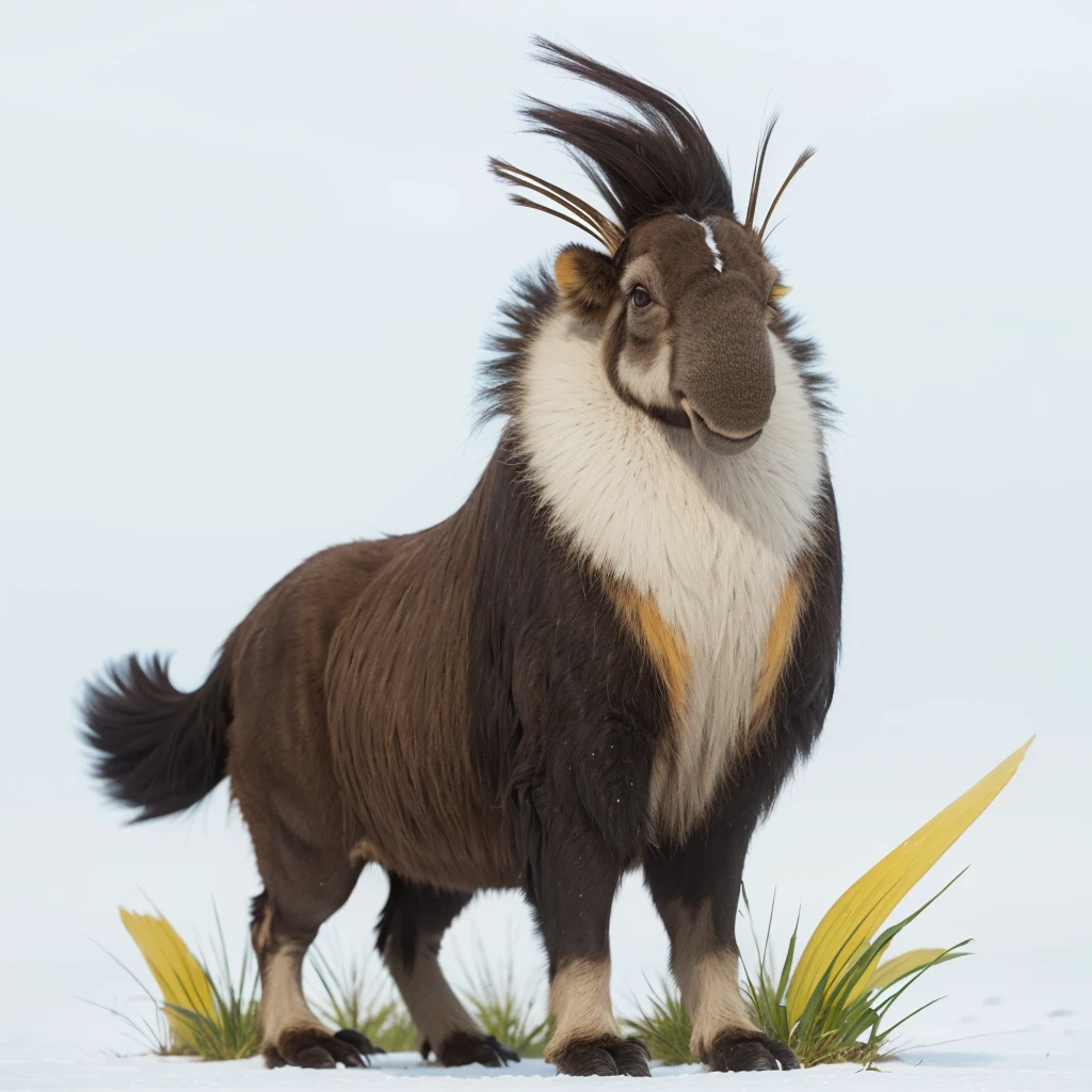Small Animaly, has yellow stripes on his skin, his body is shaped like a mammoth but his face is like a emu and a ice, Grassroots background