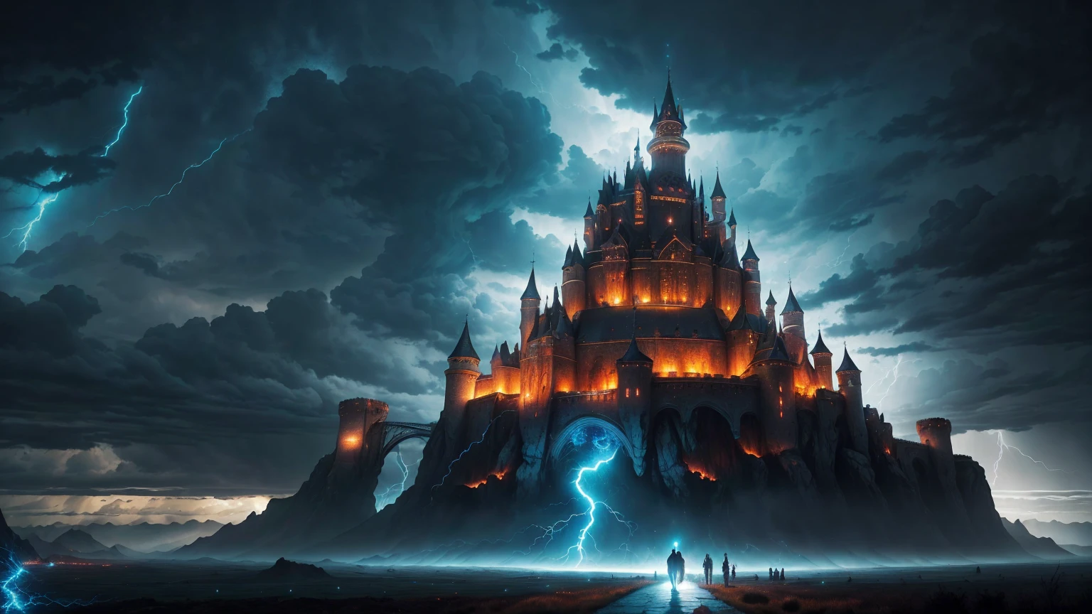 Huge medieval castle in the Magic Circle, Spectacular scenery, ((Wind effects)),thunderstorm background,(Mythical atmosphere),Light pierces the clouds, Amazing clouds, Blue Theme, Magnificent magic circle and castle, On another planet