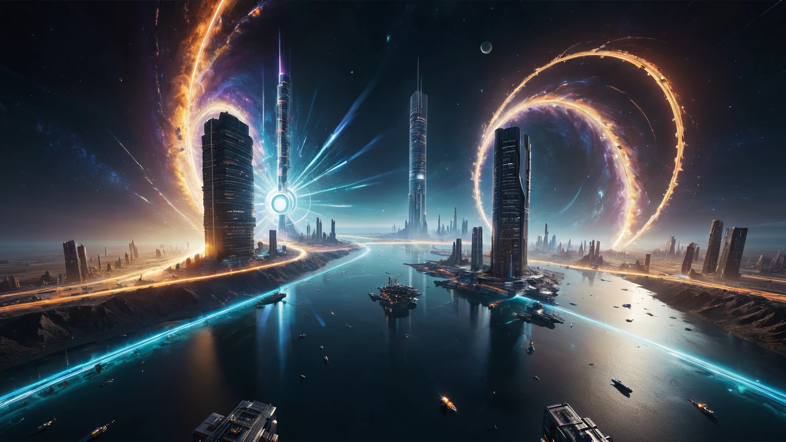 brightly colored abstract image of a space station with a spiral, epic beautiful space scifi, chaotic cinematic space rift, greg beeple, planets colliding, beeple and tim hildebrandt, beeple and jean giraud, end of the universe, galaxy space sci-fi, ringworld, by Mike "Beeple" Winkelmann. Matrix style, (((((Matrix cascading code))))), (((((a futuristic twin tower skyscraper with a unique twisted design))))), (((((OLED GUI interfaces in the building))))), at night, (((((1girl, solo))))), photo realistic, (((large-breast:1.2 slim body, cleavage))), (((off broken mini sling-shirt and black sling bra, extreamly short pleated miniskirt exposing panty))), (((((running pose))))), (((((matrix style black sunglasses))))), ((((((((((aiming with a short gun)))))))))), (((((looking at camera))))), (((very low view))), (((((half-body thigh level medium shot))))), (((cinematic lighting))).