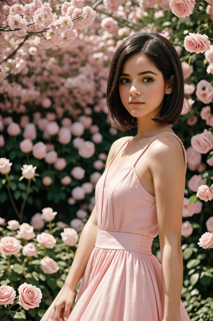 8K, foto cruda, fujifilm, Style photography of a beautiful young girl like Avril in a light pink rose garden. (piel muy detallada: 1.2) Style-Petal BREAK short hair, cabello rubio con mechones de colores, usando un vestido, film grain, 35mm, lindo estilo