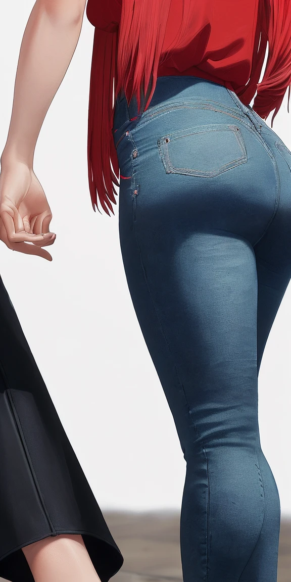 ((obra maestra, mejor calidad, ultra detallado, Ultra HD, Fotorrealista, cinematographic)), (close-up rear camera shot:1.2), (sensual pose), (Mujer seductora y voluptuosa parecida a Vilma de los picapiedras, red hair with high bun and long fringes wears a tight blouse, cinturon color ????? ajustado a la cintura, skinny jeans, piernas gruesas, (((gran culo))) medias de color amarilla, zapatillas tipo Nike color blancos
