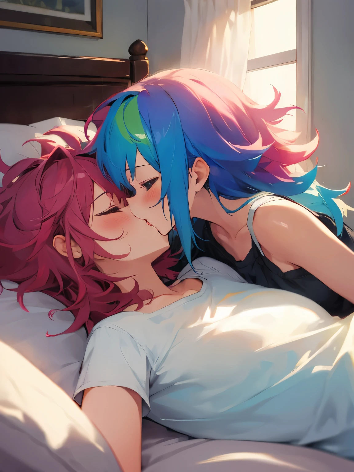 2girls, casual, romantic kiss, bedhead, rainbow colored hair, indoors