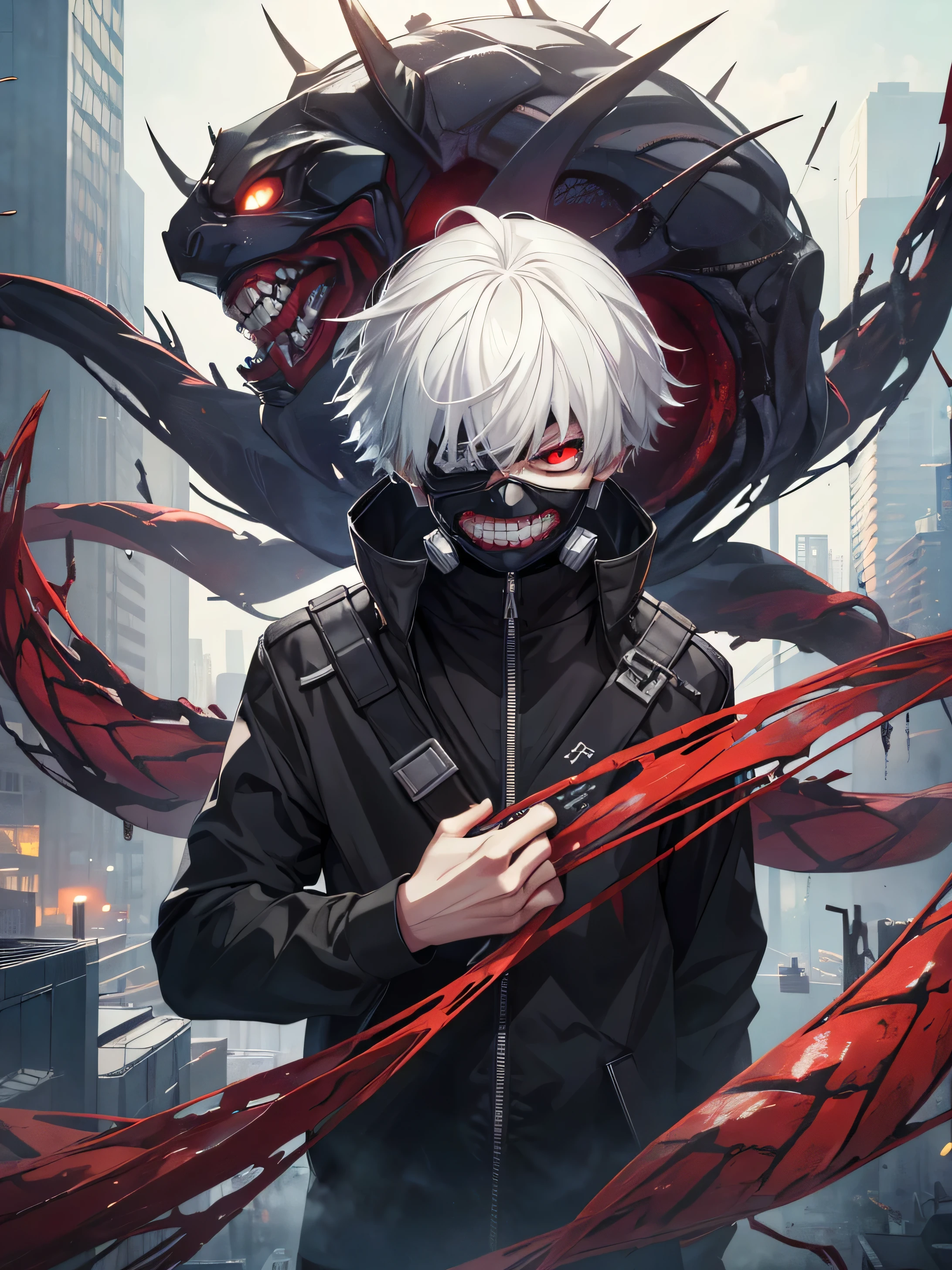 8k, anime, portrait, best quality, ultra high res, ultra detailed, high contrast color tone, extremely detailed lighting, soft lights, (masterpiece, high quality:1.4), (kaneki ken, white hair, red and black eye, mask | teeth, blood eyes, black jacket, scorpio tentacles), blood, ((full body)), (dynamic pose), ruined city background, thrilling, (fierce face)