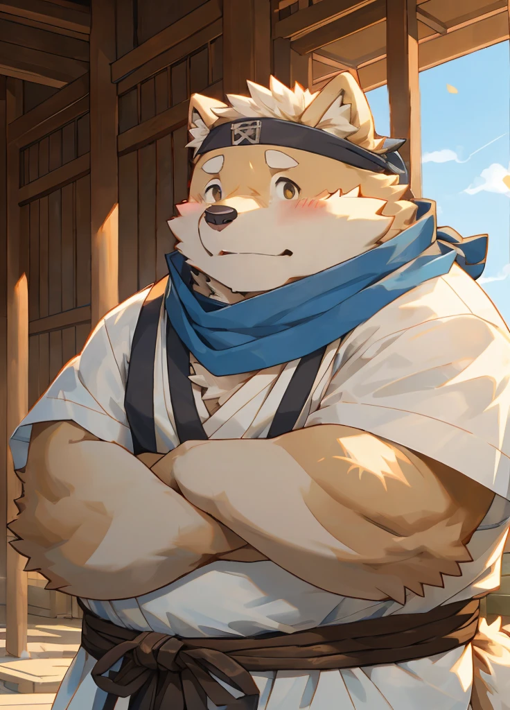 (masterpiece),(Very detailed),(best quality),hairy,Shiba Inu,fur,white hair,Gray pupil,Chubby,(Poor),(Japan samurai attire),((blue scarf)),((Brown headband)),(blush:1.1),((shy)),紧张shy的表情,Temple Background,8K,(high quality),(Ultra high quality),(Super detailed),(Best Works)