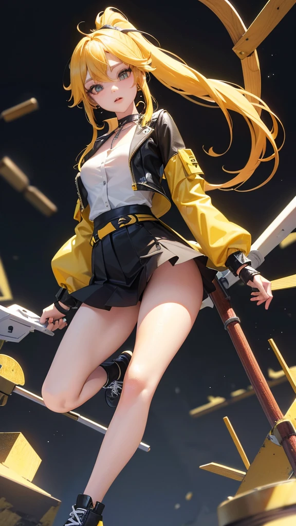 Girl in a miniskirt without panties, yellow hair full length twin ponytail. 3D wallpaper