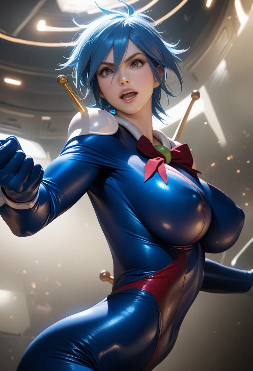 Allenby Beardsley,neck ribbon,perfect hands, perfect finger,perfect anatomy, masterpiece, best quality,realistic, hyperrealistic, 16k hdr,1girl, large breasts,erected nipples,blue hair, bobcut,mobile trace suit, shoulder armor,red and blue bodysuit,fighting pose, upper body, cockpit,from below,