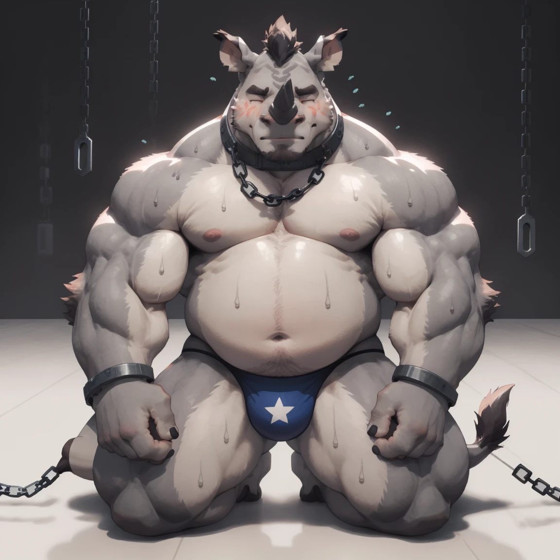 masterpiece, best quality, 8k resolution, Very detailed, hairy,(((rhino))),(((Mature))),(((middle age))),(((Blushing))),portrait,(((green eyes))),(((Strong))),(((Blushing))),(((Shirtless))),(((Fat-enclosed muscle))),((huge)),Hip bulge,For the audience,(((Shameful))),Highest quality scene,Solitary,solitary,(((thong)),(((Hip bulge))),(((Sweating))),((Chains)),(((limb shackles)))),(((Neck collar))),(Shameful),Kneeling on the floor,(((kneeling))),(((Blushing)))