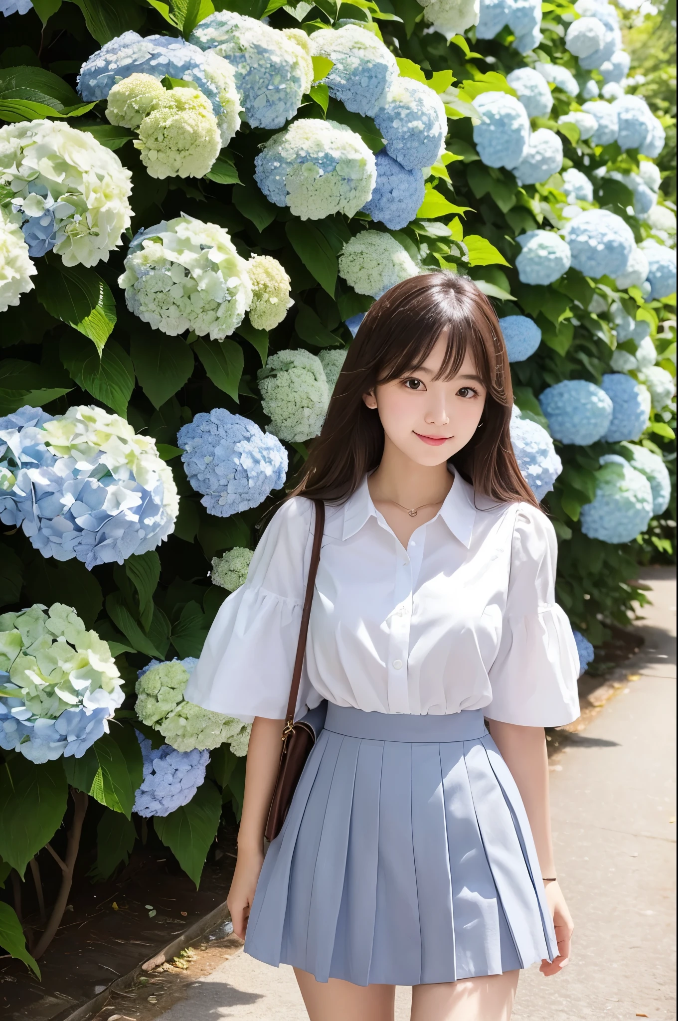 A cute 20-year-old girl in a park with hydrangeas in bloom(mini skirt
