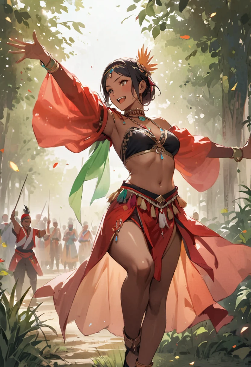 Dynamic Pose、Dynamic Angle、In the jungle、grassland、Amazoness、Girl、Girl、Indian、Both eyes open、National costume、Brown skin、Small breasts、Nipples、Butt、Thighs、dance、belly button、Spectators、sunlight、pants、Healthy Skin、Black、Have fun
